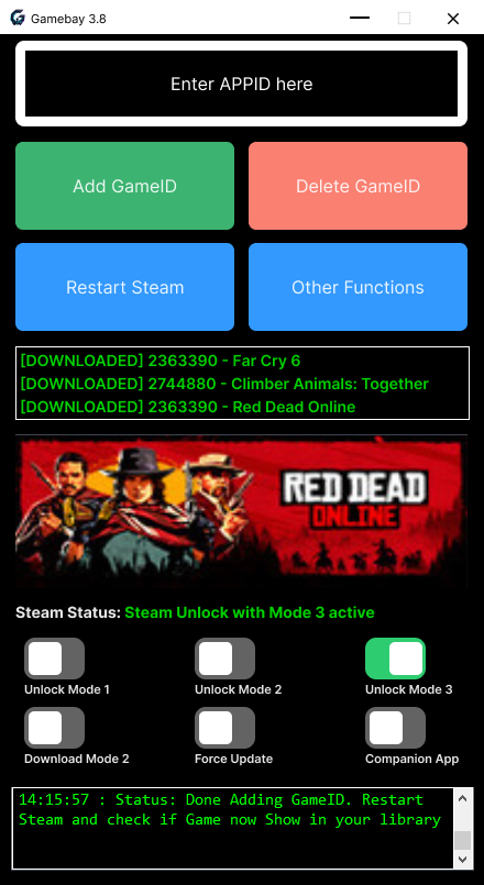 GameBay 3.8 Windows app screenshot showing the Steam game unlocker interface with APPID input, Add GameID button, game download log, and Steam unlock modes